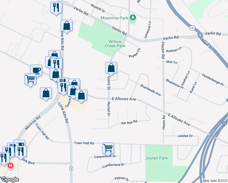 map of restaurants, bars, coffee shops, grocery stores, and more near 2164 Sunnymede Lane in Green Bay