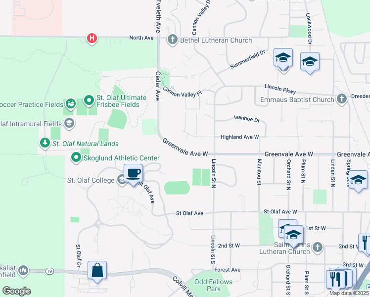 map of restaurants, bars, coffee shops, grocery stores, and more near 1200 Greenvale Avenue West in Northfield