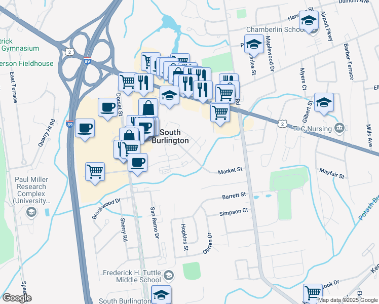 map of restaurants, bars, coffee shops, grocery stores, and more near 310 Garden Street in South Burlington