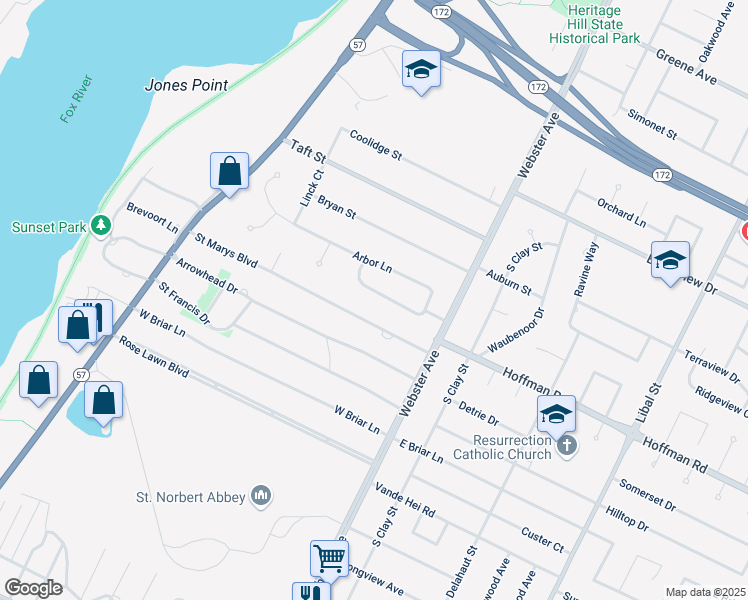 map of restaurants, bars, coffee shops, grocery stores, and more near 205 Rosemont Drive in Allouez