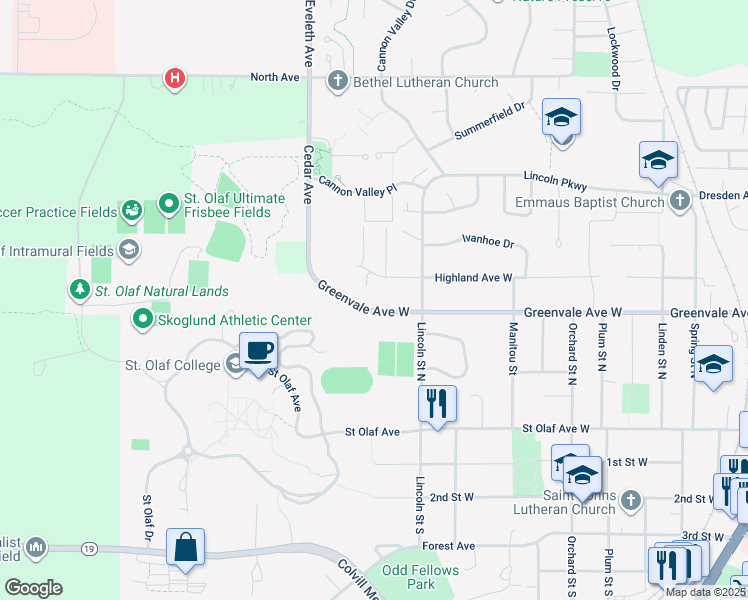 map of restaurants, bars, coffee shops, grocery stores, and more near 1200 Greenvale Avenue West in Northfield