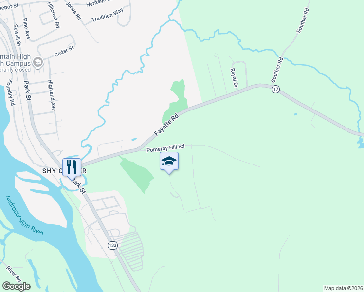 map of restaurants, bars, coffee shops, grocery stores, and more near 52 Pomeroy Hill Road in Livermore Falls