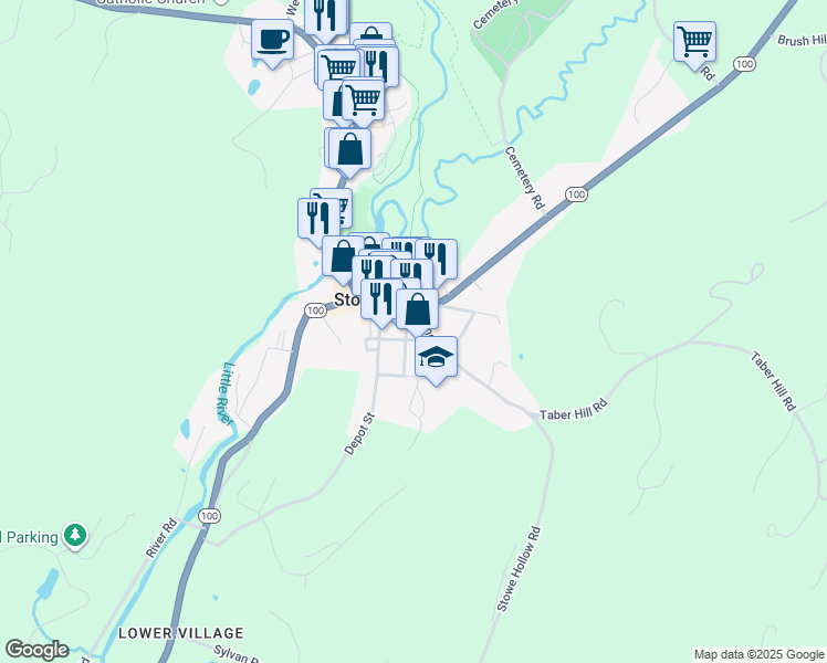 map of restaurants, bars, coffee shops, grocery stores, and more near 47 Park Street in Stowe