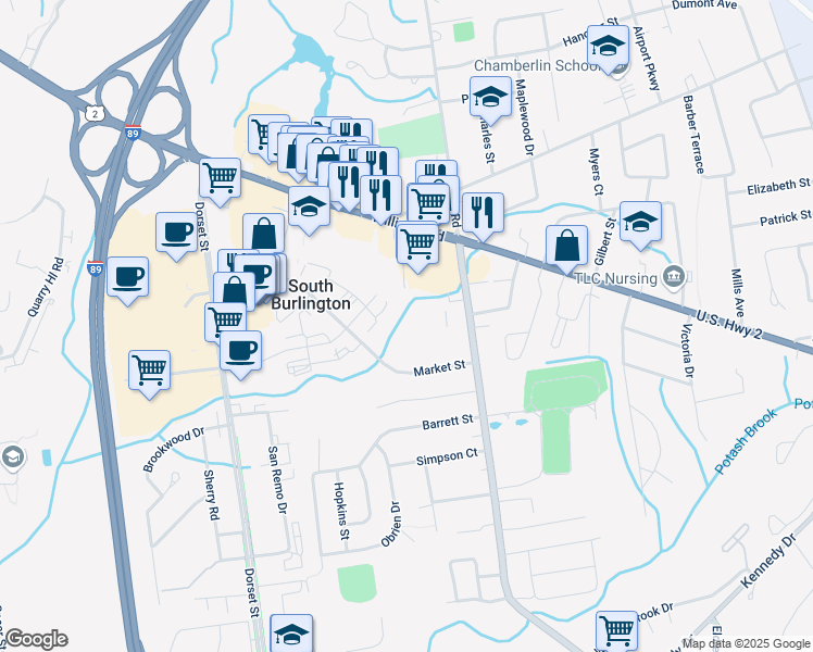 map of restaurants, bars, coffee shops, grocery stores, and more near 159 Village Green Drive in South Burlington