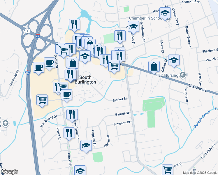 map of restaurants, bars, coffee shops, grocery stores, and more near 159 Village Green Drive in South Burlington