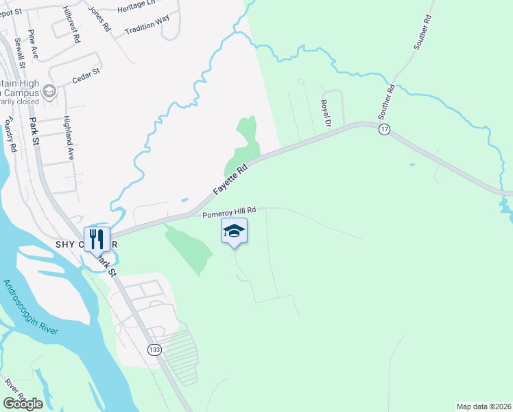map of restaurants, bars, coffee shops, grocery stores, and more near 52 Pomeroy Hill Road in Livermore Falls