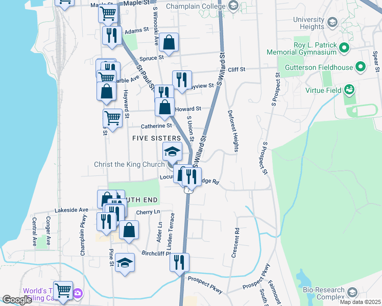 map of restaurants, bars, coffee shops, grocery stores, and more near 579 South Willard Street in Burlington