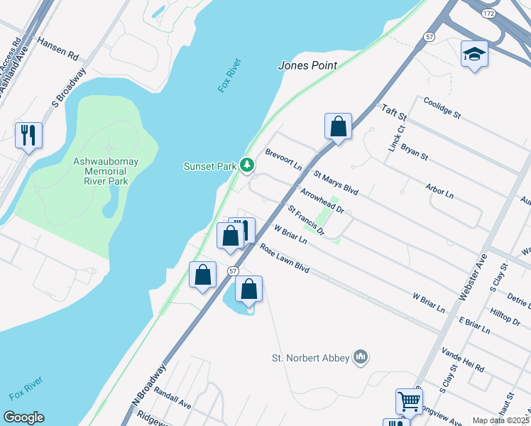 map of restaurants, bars, coffee shops, grocery stores, and more near 600 West Briar Lane in Green Bay