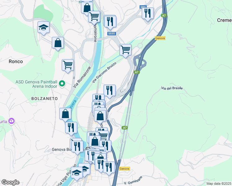 map of restaurants, bars, coffee shops, grocery stores, and more near 9346 Via Giuseppe Colano in Genova
