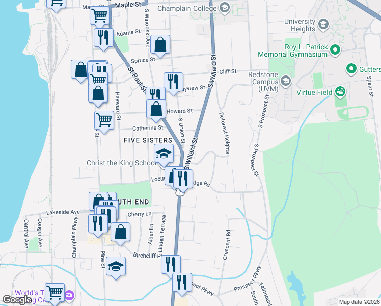 map of restaurants, bars, coffee shops, grocery stores, and more near 579 South Willard Street in Burlington