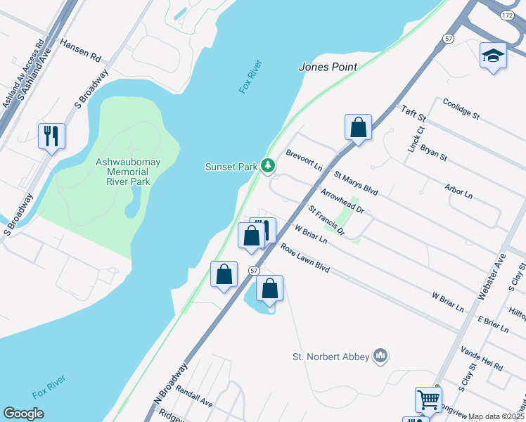 map of restaurants, bars, coffee shops, grocery stores, and more near 631 West Briar Lane in Green Bay