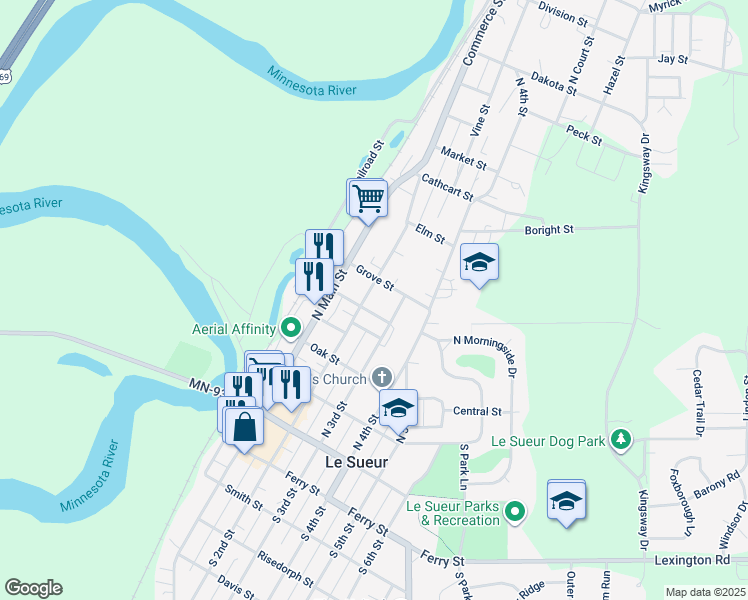 map of restaurants, bars, coffee shops, grocery stores, and more near 221 Church Street in Le Sueur