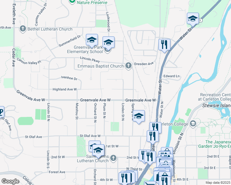 map of restaurants, bars, coffee shops, grocery stores, and more near 406 Greenvale Avenue West in Northfield