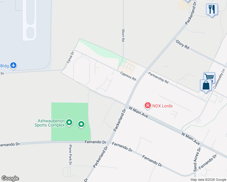 map of restaurants, bars, coffee shops, grocery stores, and more near 1580 West Main Avenue in De Pere