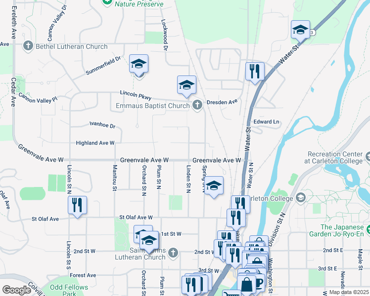 map of restaurants, bars, coffee shops, grocery stores, and more near 406 Greenvale Avenue West in Northfield