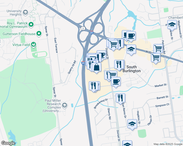 map of restaurants, bars, coffee shops, grocery stores, and more near 155 Dorset Street in South Burlington
