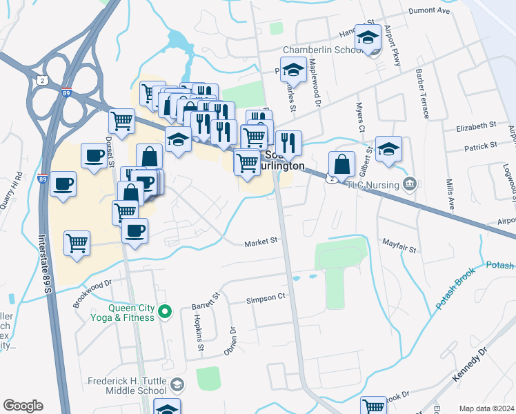 map of restaurants, bars, coffee shops, grocery stores, and more near 159 Village Green Drive in South Burlington