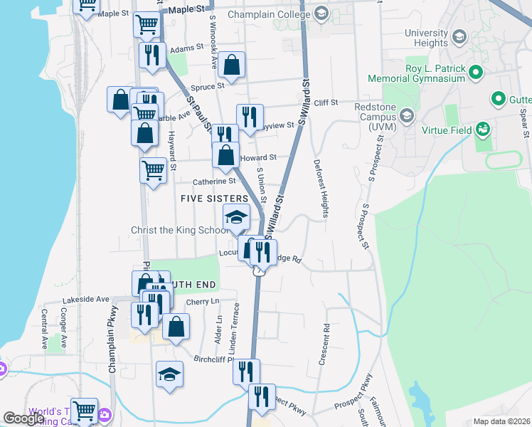 map of restaurants, bars, coffee shops, grocery stores, and more near 579 South Willard Street in Burlington