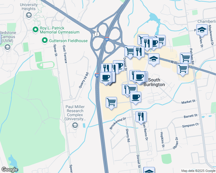 map of restaurants, bars, coffee shops, grocery stores, and more near 155 Dorset Street in South Burlington