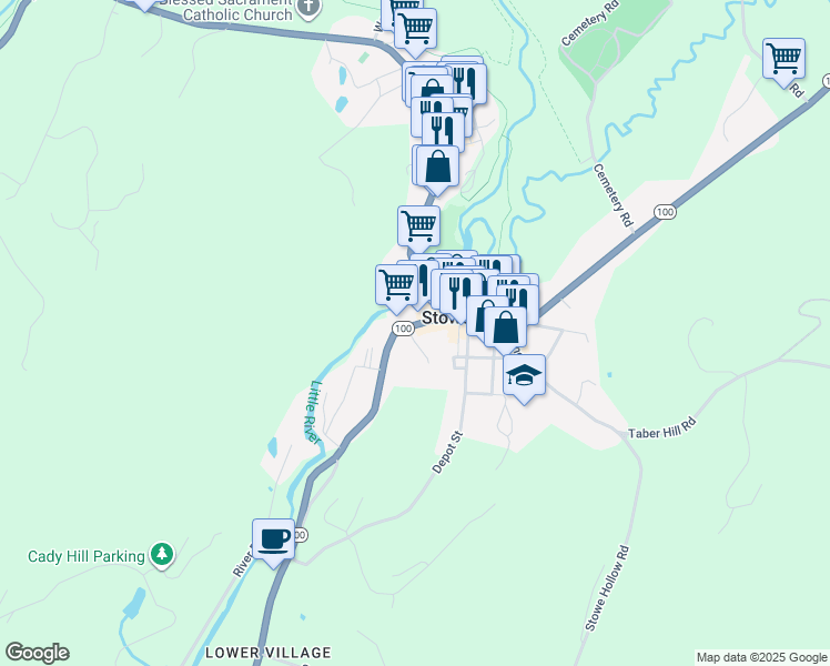 map of restaurants, bars, coffee shops, grocery stores, and more near 50 Highland Avenue in Stowe