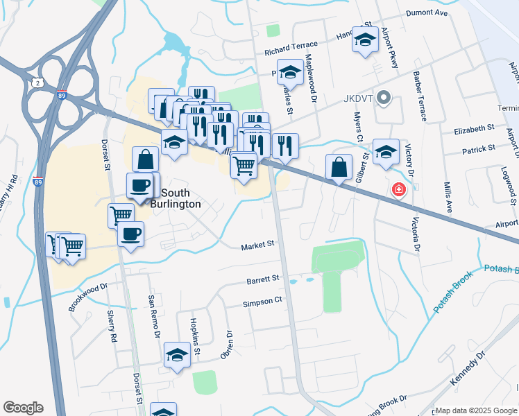 map of restaurants, bars, coffee shops, grocery stores, and more near 97 Hinesburg Road in South Burlington