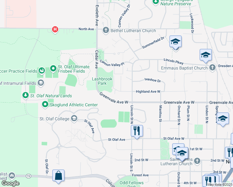 map of restaurants, bars, coffee shops, grocery stores, and more near 1200 Greenvale Avenue West in Northfield