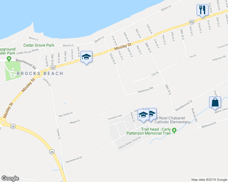 map of restaurants, bars, coffee shops, grocery stores, and more near 25 Robinson Road in Wasaga Beach