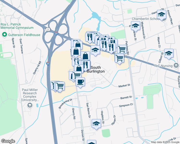 map of restaurants, bars, coffee shops, grocery stores, and more near 5 Market Street in South Burlington