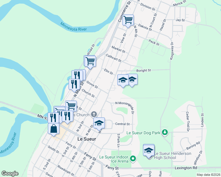map of restaurants, bars, coffee shops, grocery stores, and more near 522 N 4th St in Le Sueur
