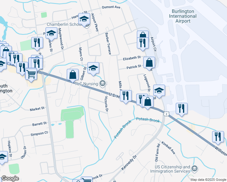 map of restaurants, bars, coffee shops, grocery stores, and more near 1594 Williston Road in South Burlington