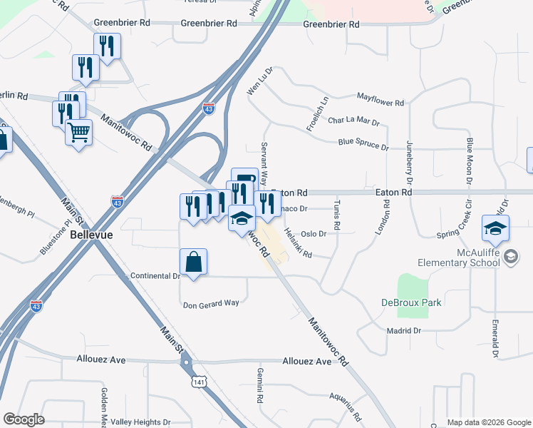 map of restaurants, bars, coffee shops, grocery stores, and more near 2733 7 Manitowoc Road in Green Bay