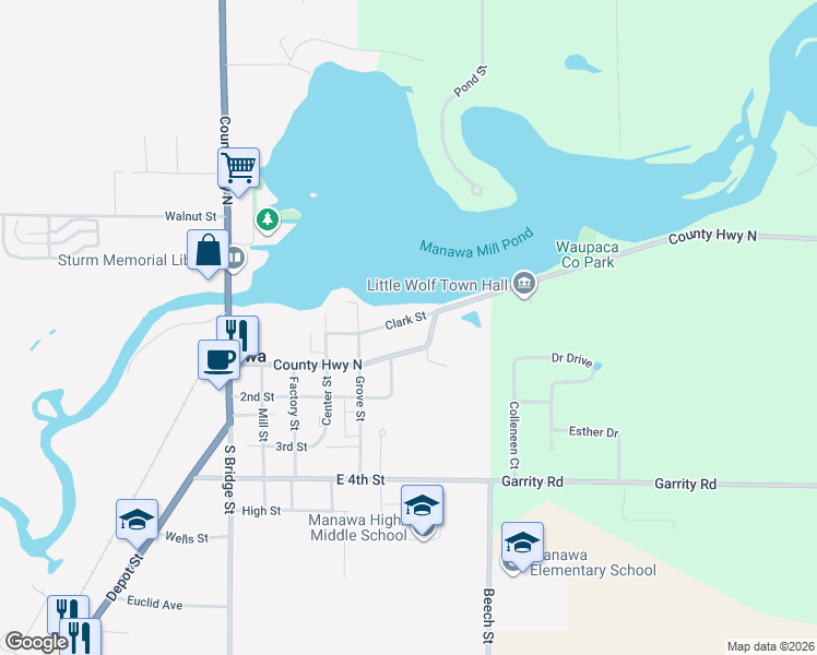map of restaurants, bars, coffee shops, grocery stores, and more near 627 Union Street in Manawa