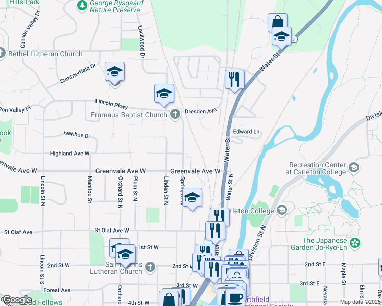 map of restaurants, bars, coffee shops, grocery stores, and more near 600 Spring Street North in Northfield
