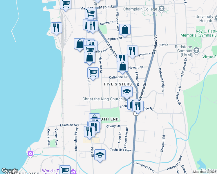 map of restaurants, bars, coffee shops, grocery stores, and more near 65 Charlotte Street in Burlington