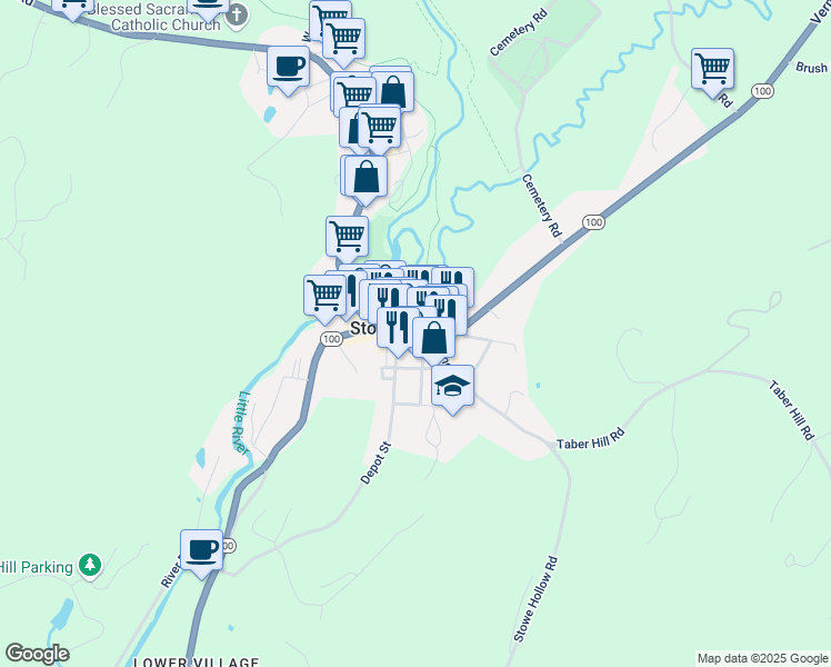 map of restaurants, bars, coffee shops, grocery stores, and more near 8 Park Street in Stowe