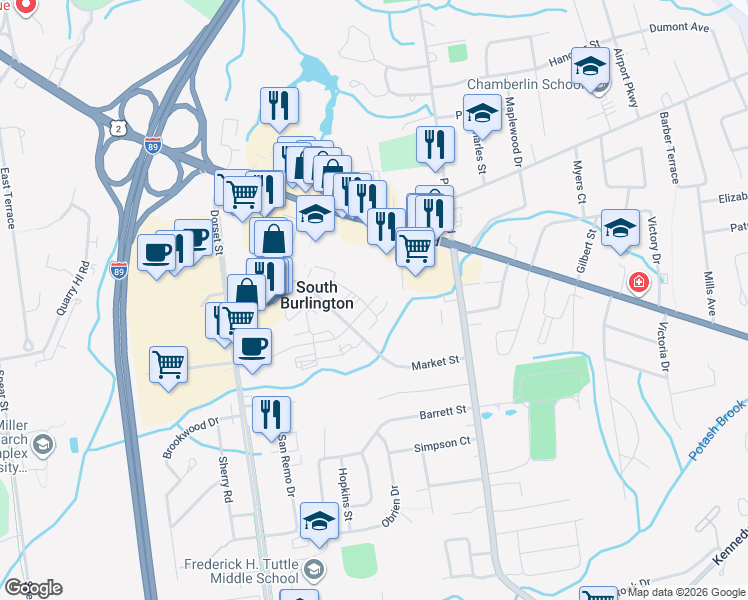 map of restaurants, bars, coffee shops, grocery stores, and more near 339 Garden Street in South Burlington