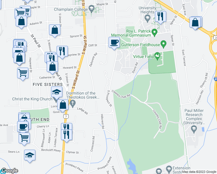 map of restaurants, bars, coffee shops, grocery stores, and more near 499 South Prospect Street in Burlington