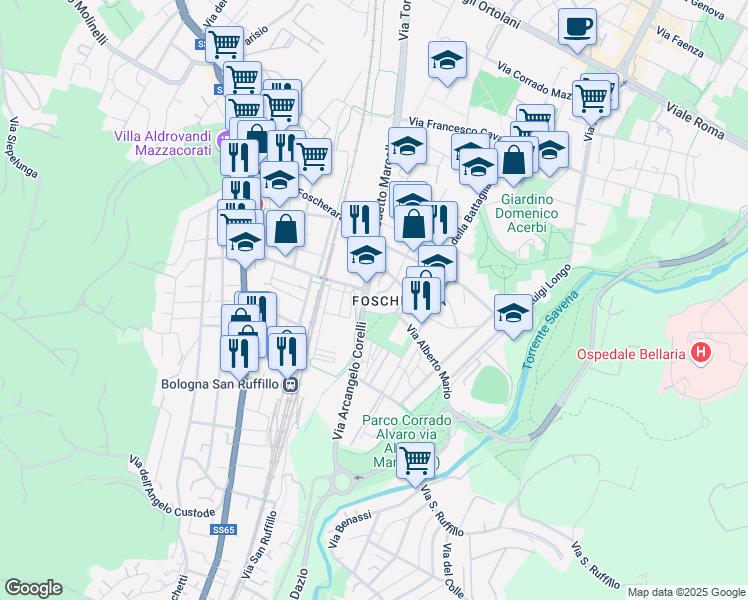 map of restaurants, bars, coffee shops, grocery stores, and more near 2/2 Via Benedetto Marcello in Bologna