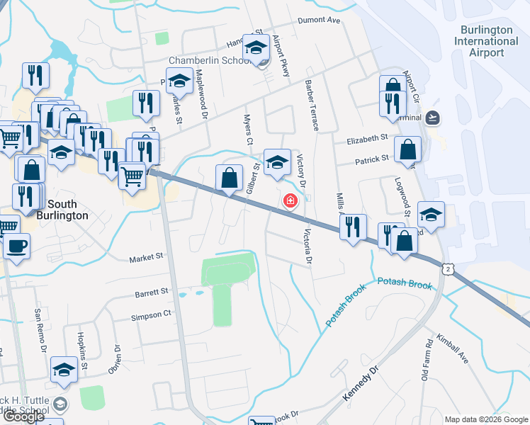 map of restaurants, bars, coffee shops, grocery stores, and more near 1474 Williston Road in South Burlington