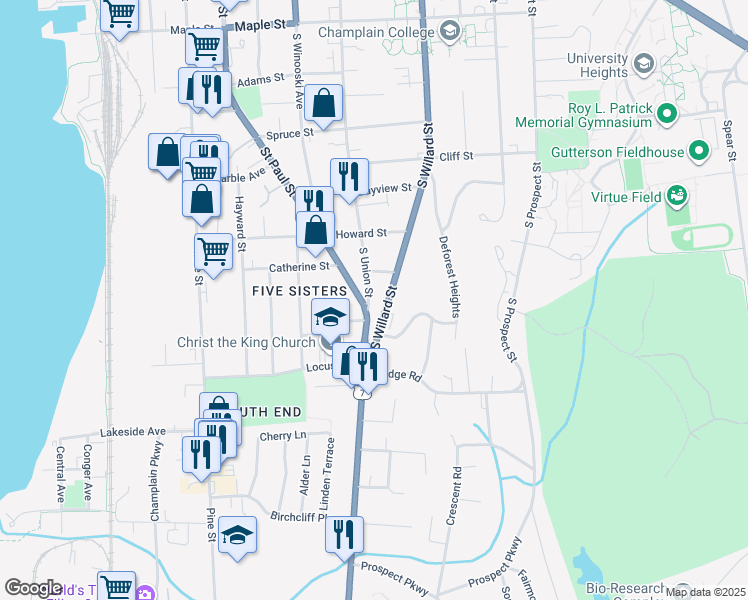 map of restaurants, bars, coffee shops, grocery stores, and more near 500 South Union Street in Burlington