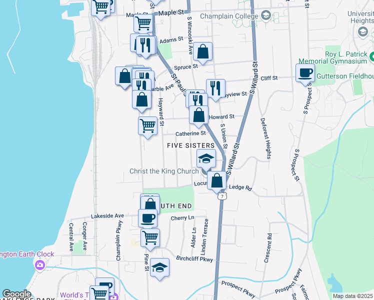 map of restaurants, bars, coffee shops, grocery stores, and more near in Burlington