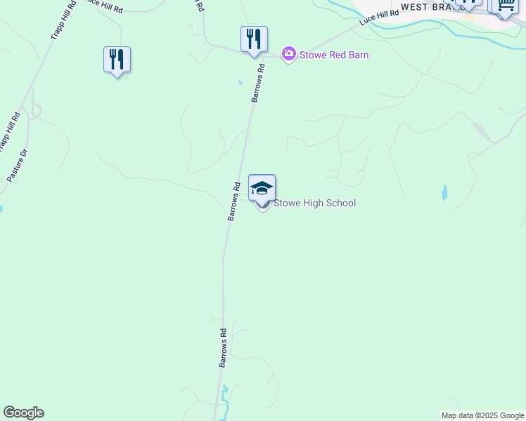 map of restaurants, bars, coffee shops, grocery stores, and more near 413 Barrows Road in Stowe