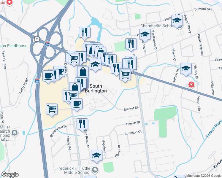 map of restaurants, bars, coffee shops, grocery stores, and more near 339 Garden Street in South Burlington