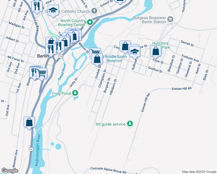 map of restaurants, bars, coffee shops, grocery stores, and more near 472 Burgess Street in Berlin