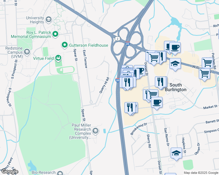map of restaurants, bars, coffee shops, grocery stores, and more near 248 Quarry Hill Road in South Burlington