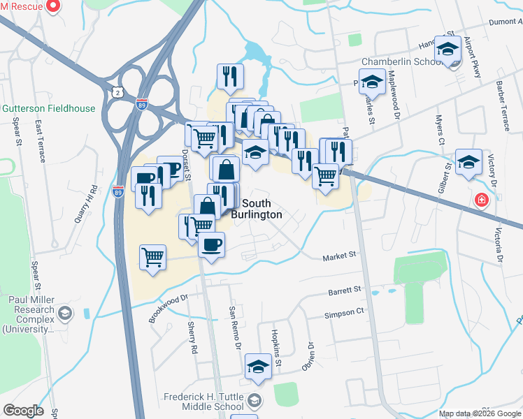 map of restaurants, bars, coffee shops, grocery stores, and more near in South Burlington