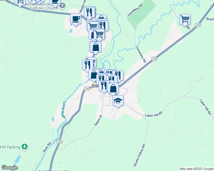 map of restaurants, bars, coffee shops, grocery stores, and more near 91 Main Street in Stowe
