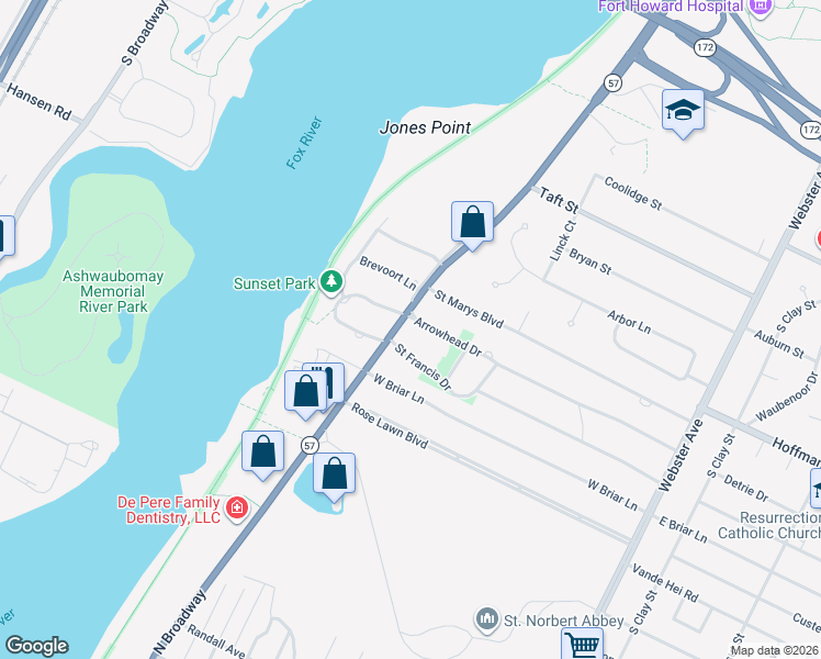 map of restaurants, bars, coffee shops, grocery stores, and more near 539 Arrowhead Drive in Green Bay