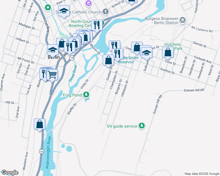 map of restaurants, bars, coffee shops, grocery stores, and more near 448 Champlain Street in Berlin