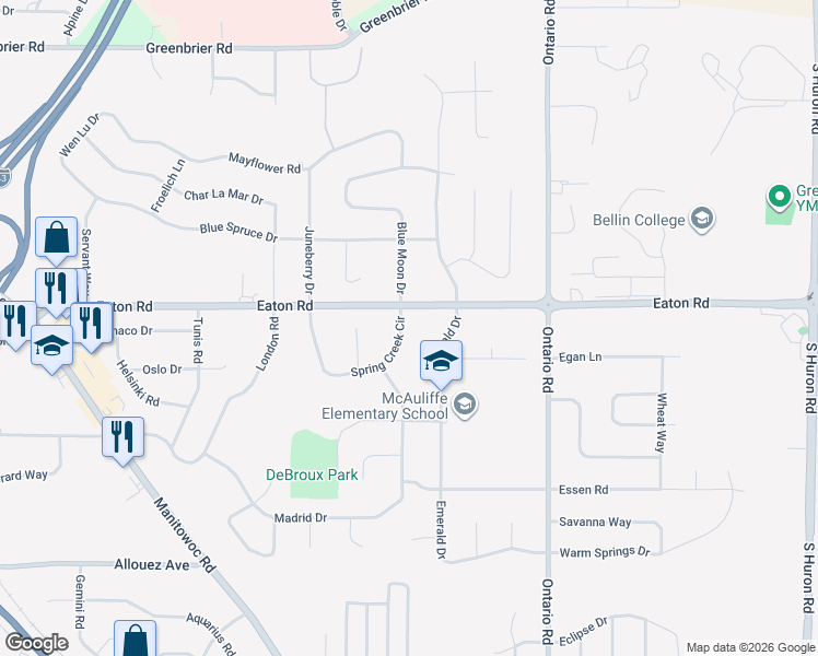 map of restaurants, bars, coffee shops, grocery stores, and more near 2200 Spring Creek Circle in Green Bay